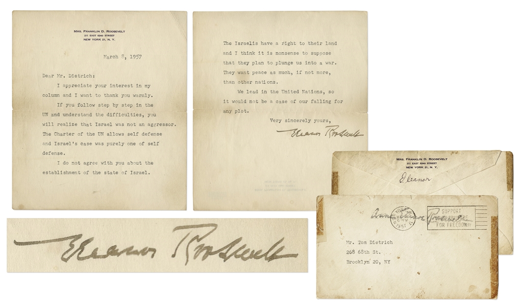 Eleanor Roosevelt Letter Signed Where She Vigorously Defends Israel's Right of Self Defense: ''...Israel was not an aggressor...The Israelis have a right to their land...'' -- With PSA/DNA COA